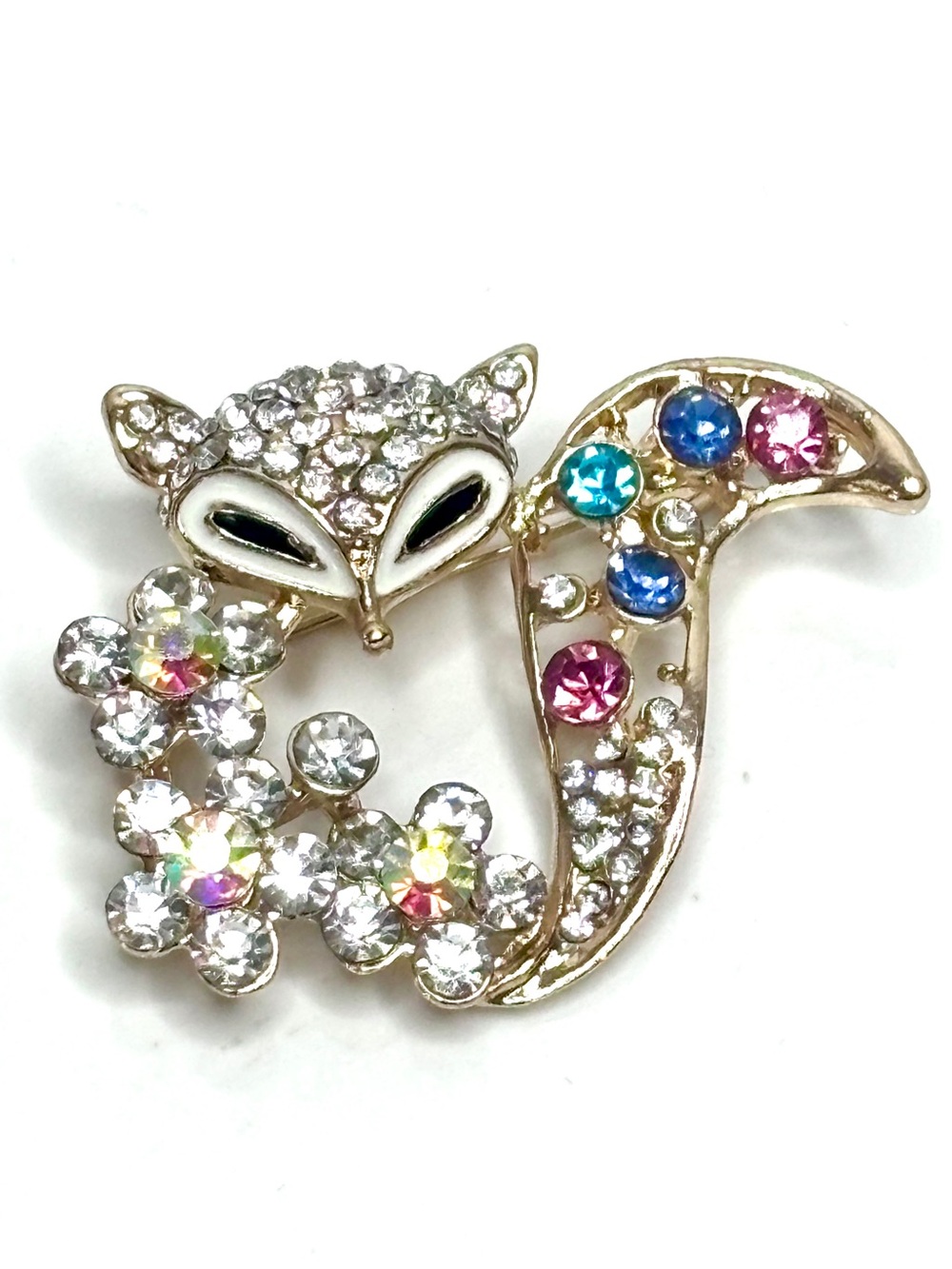 New Sparkling Crystal Gold Tone Fox Brooch with Iridescent Floral Accents